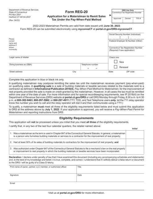 Form REG-20 Application for a Materialman to Remit Sales Tax Under the Pay-When-Paid Method - Connecticut, 2023