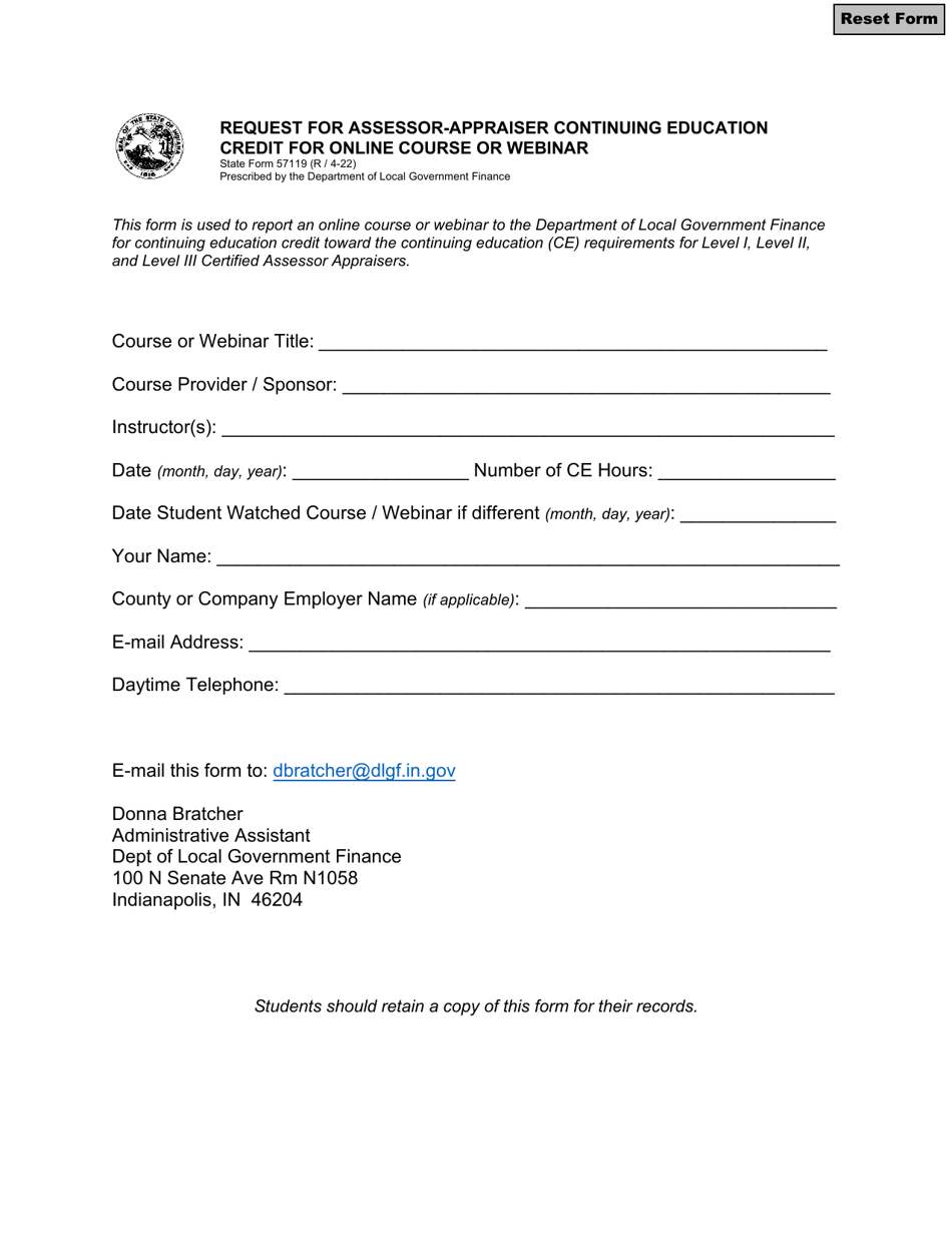 State Form 57119 Request for Assessor-Appraiser Continuing Education Credit for Online Course or Webinar - Indiana, Page 1