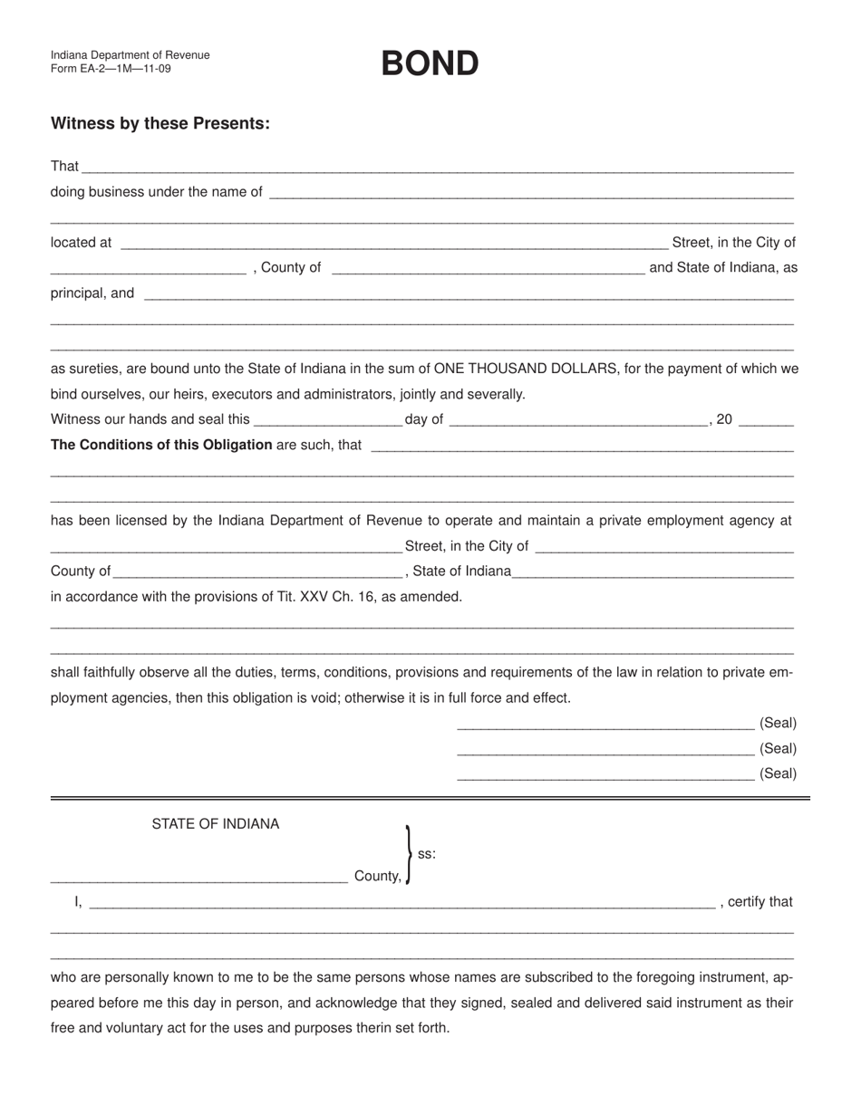 Form EA-2 Private Employment Agency Surety Bond - Indiana, Page 1