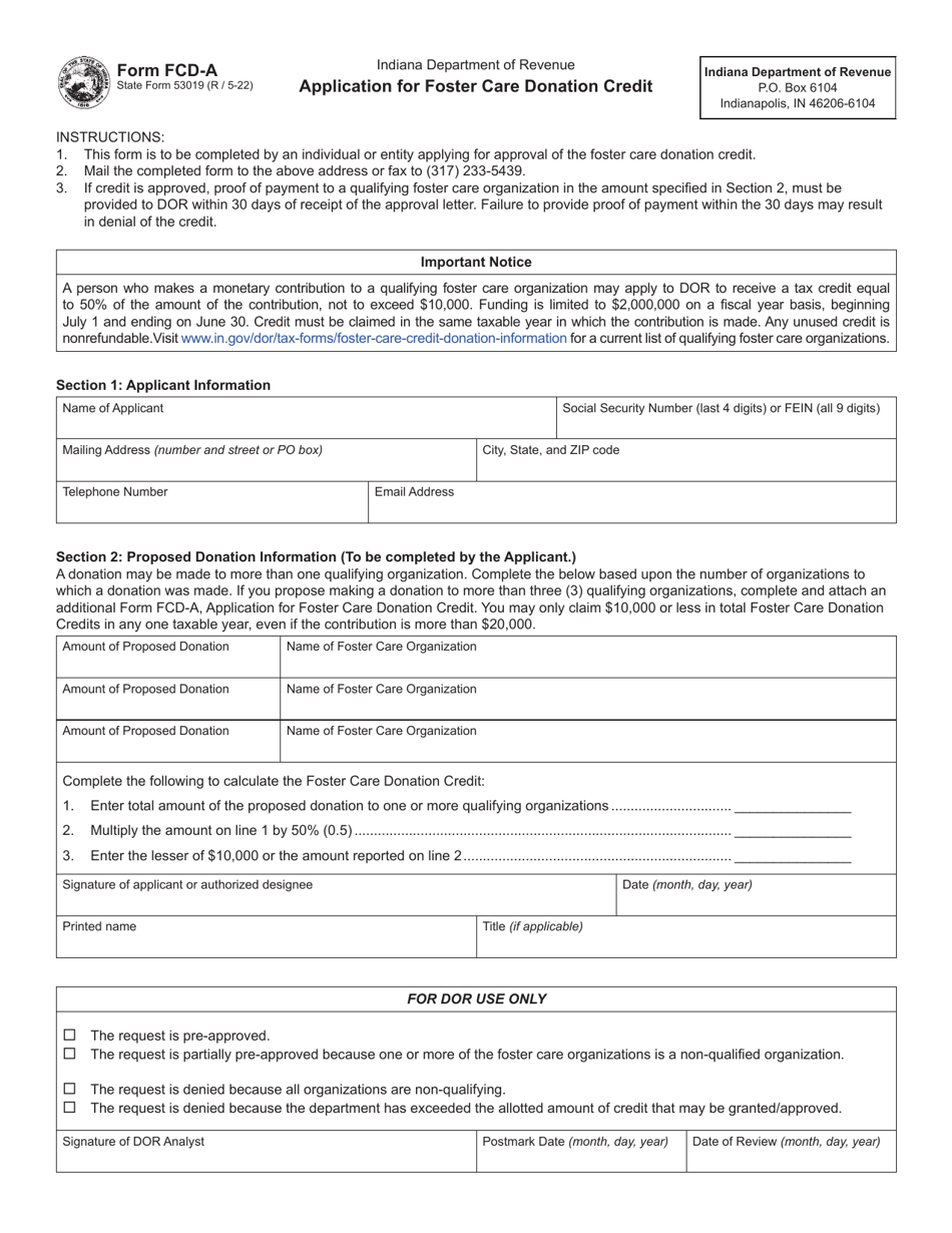 Form FCD-A (State Form 53019) Application for Foster Care Donation Credit - Indiana, Page 1