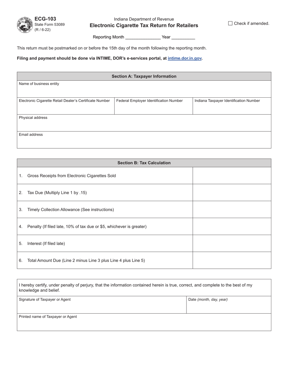 Form ECG-103 (State Form 53089) Electronic Cigarette Tax Return for Retailers - Indiana, Page 1
