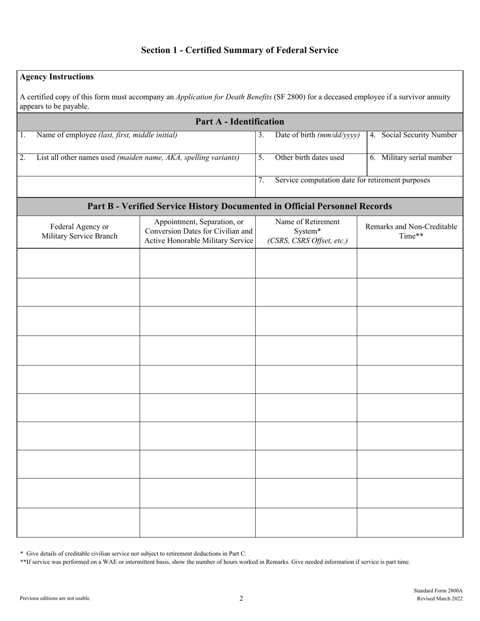 Form SF-2800A Documentation and Elections in Support of Application for Death Benefits When Deceased Was an Employee at the Time of Death - Civil Service Retirement System, Page 2