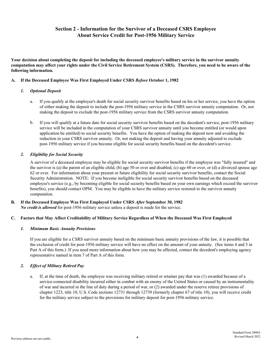 Form SF-2800A Documentation and Elections in Support of Application for Death Benefits When Deceased Was an Employee at the Time of Death - Civil Service Retirement System, Page 4