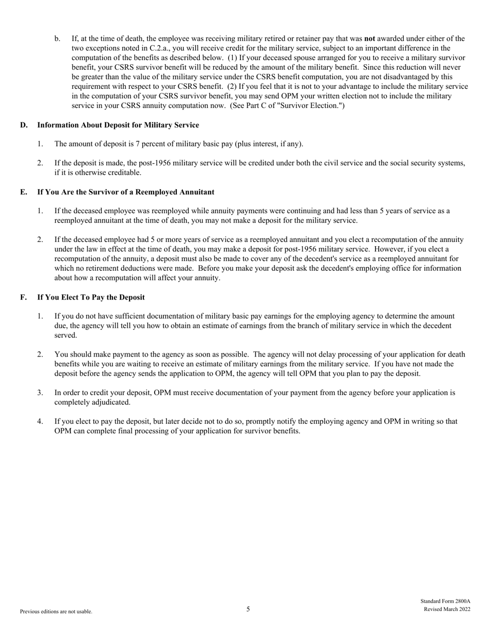 Form SF-2800A Documentation and Elections in Support of Application for Death Benefits When Deceased Was an Employee at the Time of Death - Civil Service Retirement System, Page 5
