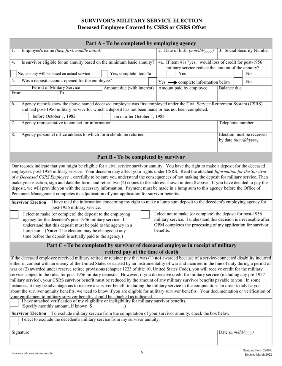 Form SF-2800A Documentation and Elections in Support of Application for Death Benefits When Deceased Was an Employee at the Time of Death - Civil Service Retirement System, Page 6