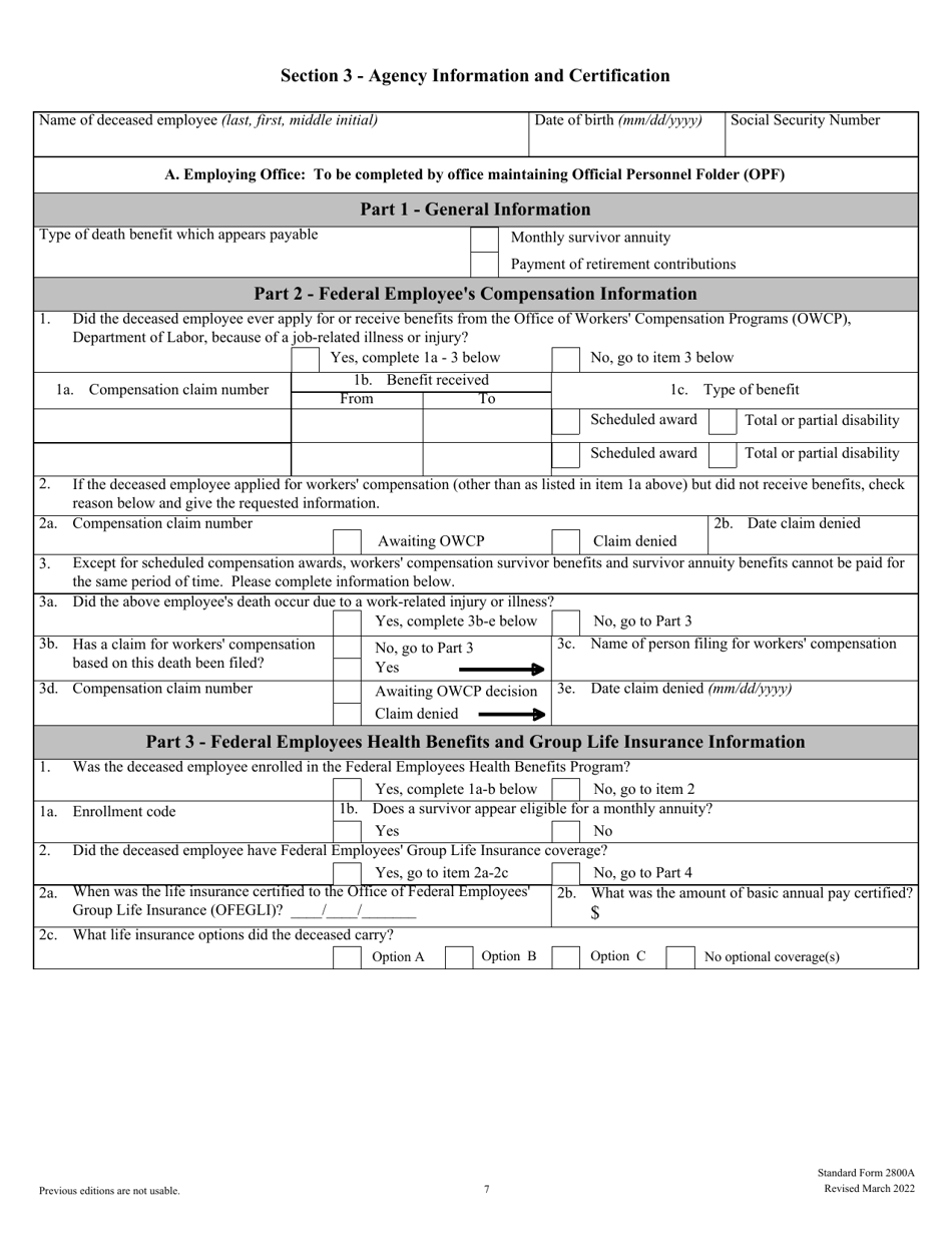 Form SF-2800A Documentation and Elections in Support of Application for Death Benefits When Deceased Was an Employee at the Time of Death - Civil Service Retirement System, Page 7