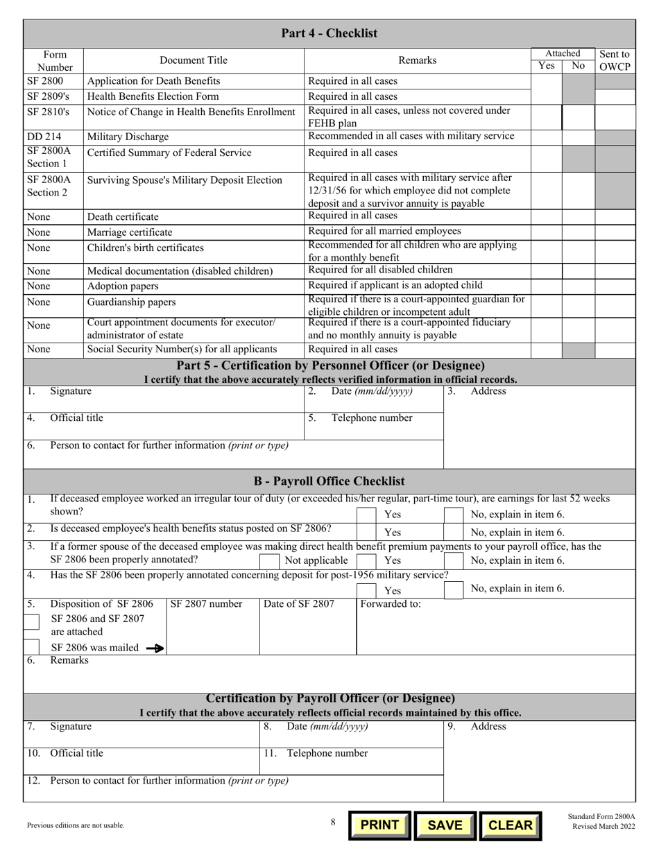 Form SF-2800A Documentation and Elections in Support of Application for Death Benefits When Deceased Was an Employee at the Time of Death - Civil Service Retirement System, Page 8