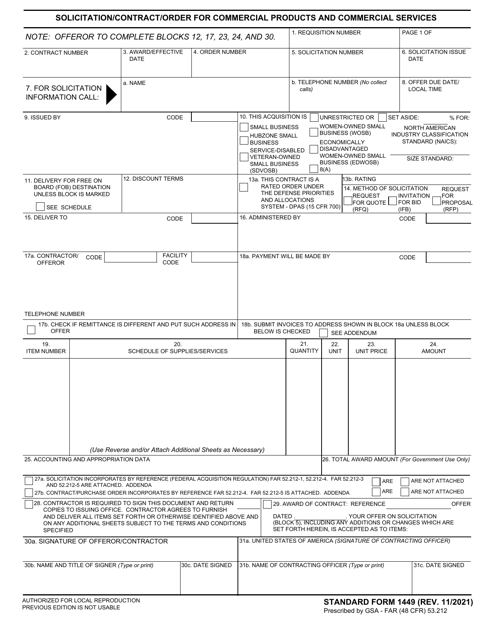 Form SF-1449 Solicitation/Contract/Order for Commercial Products and Commercial Services