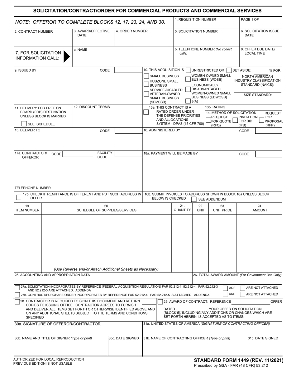 Form SF-1449 Solicitation / Contract / Order for Commercial Products and Commercial Services, Page 1