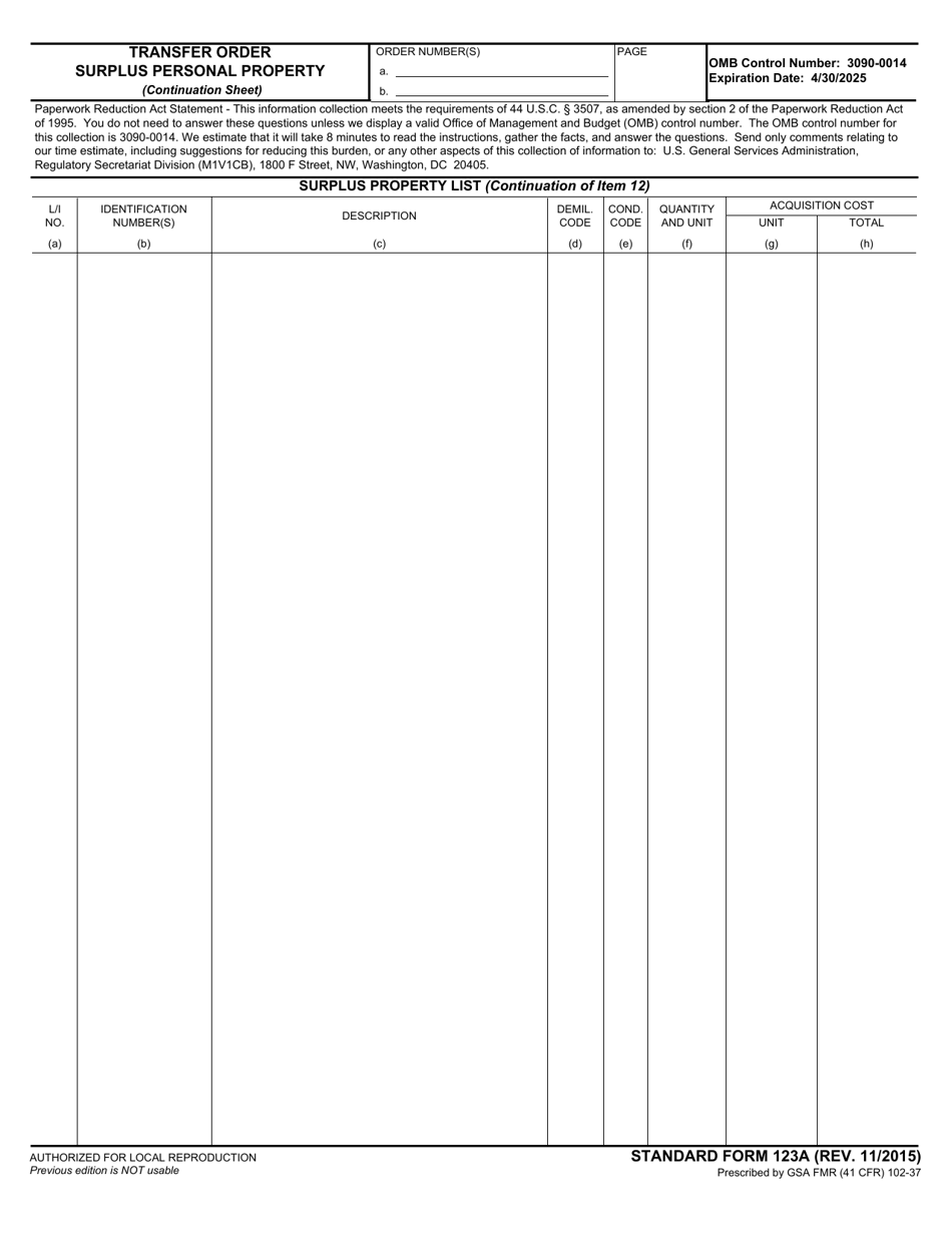 Form SF-123A Transfer Order Surplus Personal Property (Continuation Sheet), Page 1
