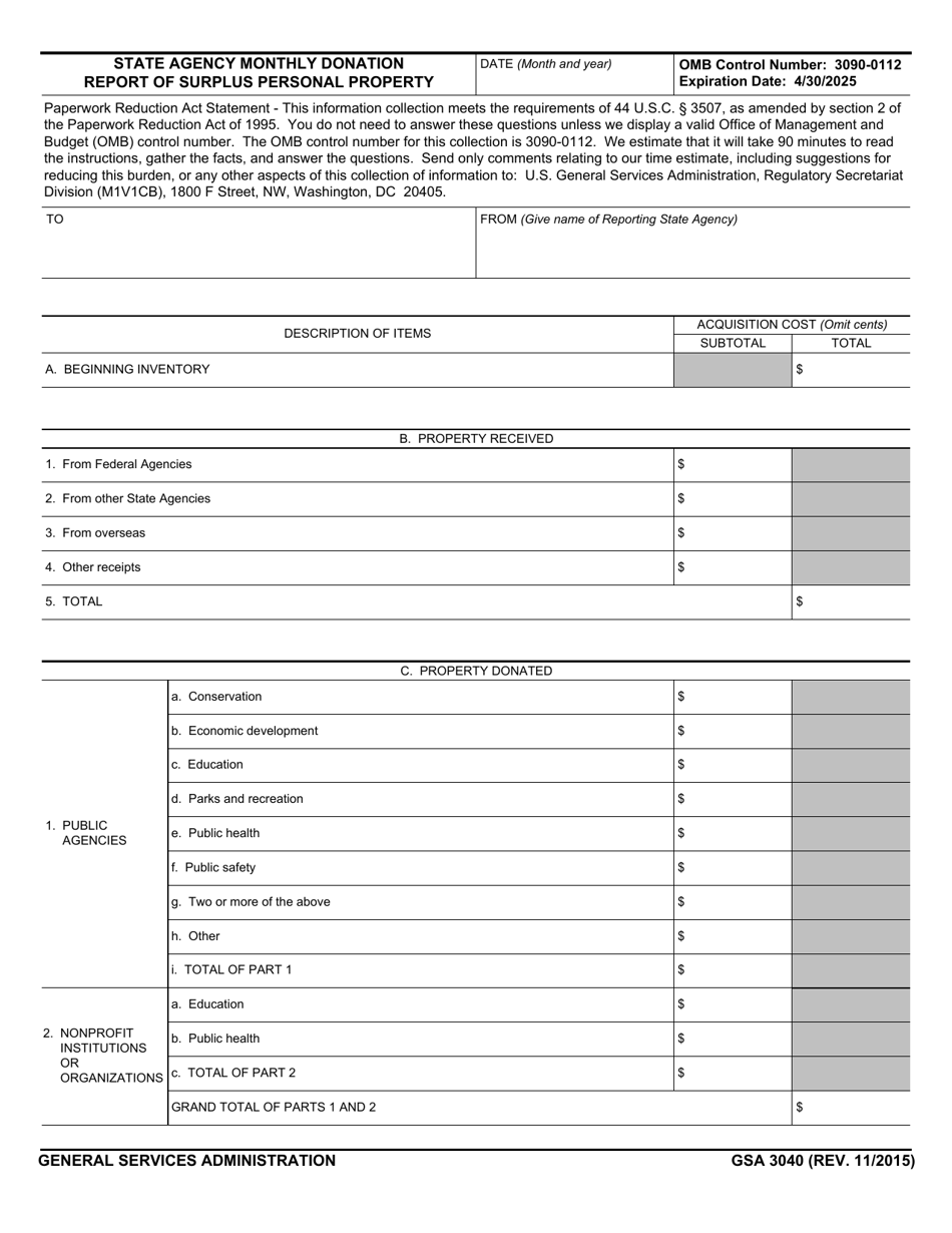 GSA Form 3040 State Agency Monthly Donation Report of Surplus Personal Property, Page 1