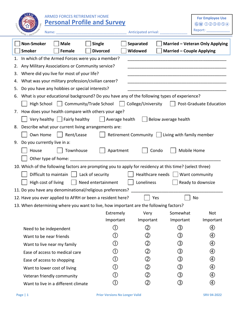 Personal Profile and Survey, Page 1