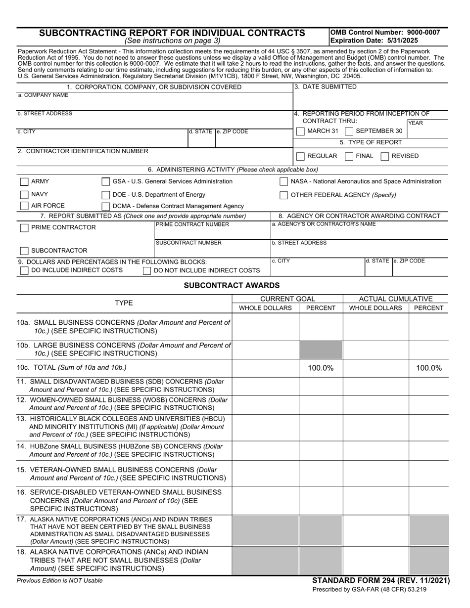 Form SF-294 Subcontracting Report for Individual Contracts, Page 1