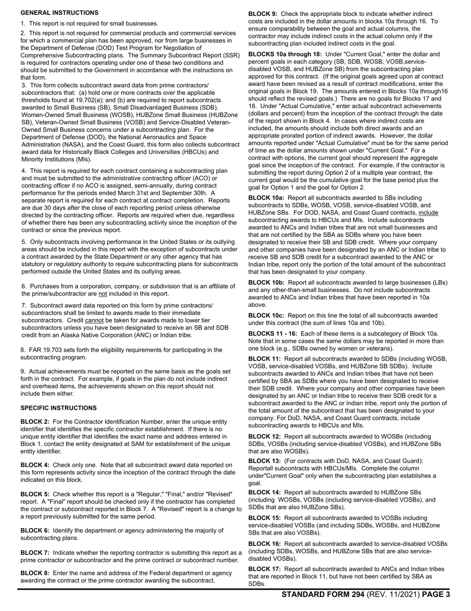 Form SF-294 Subcontracting Report for Individual Contracts, Page 3