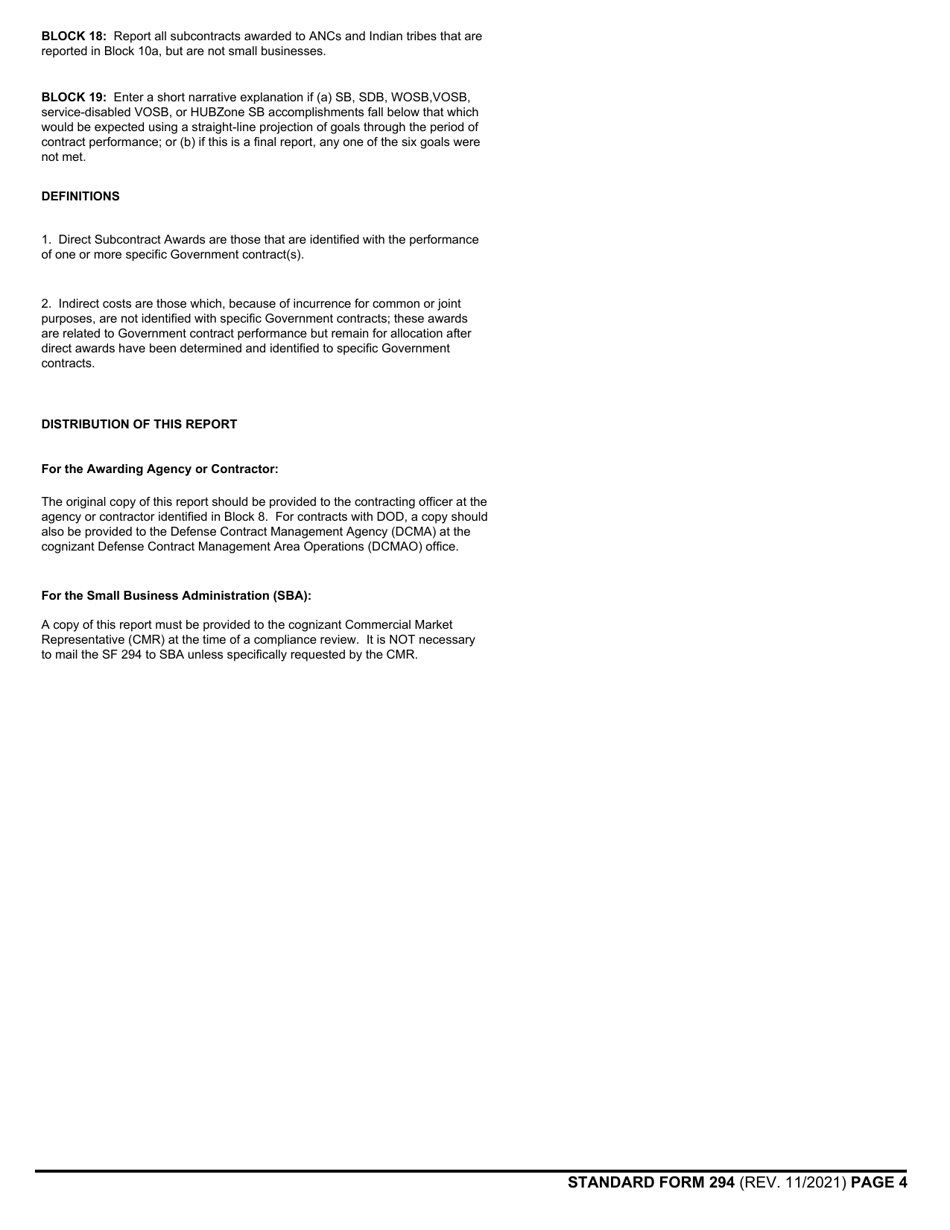 Form SF-294 Subcontracting Report for Individual Contracts, Page 4