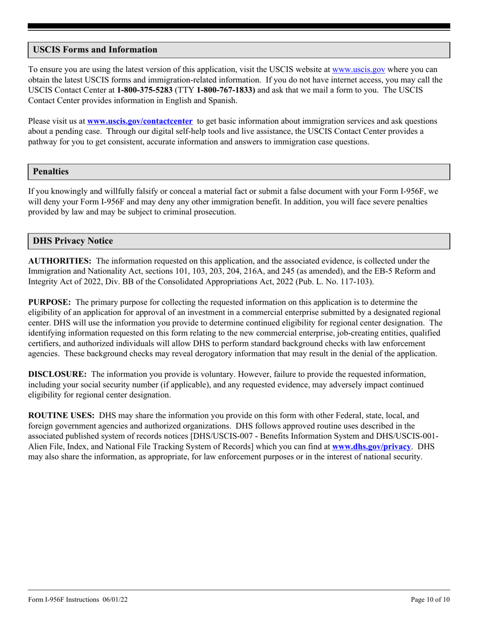 Instructions for USCIS Form I-956F Application for Approval of an Investment in a Commercial Enterprise, Page 10