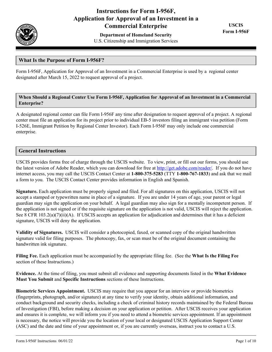 Instructions for USCIS Form I-956F Application for Approval of an Investment in a Commercial Enterprise, Page 1
