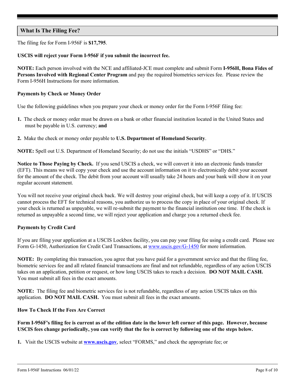 Instructions for USCIS Form I-956F Application for Approval of an Investment in a Commercial Enterprise, Page 8