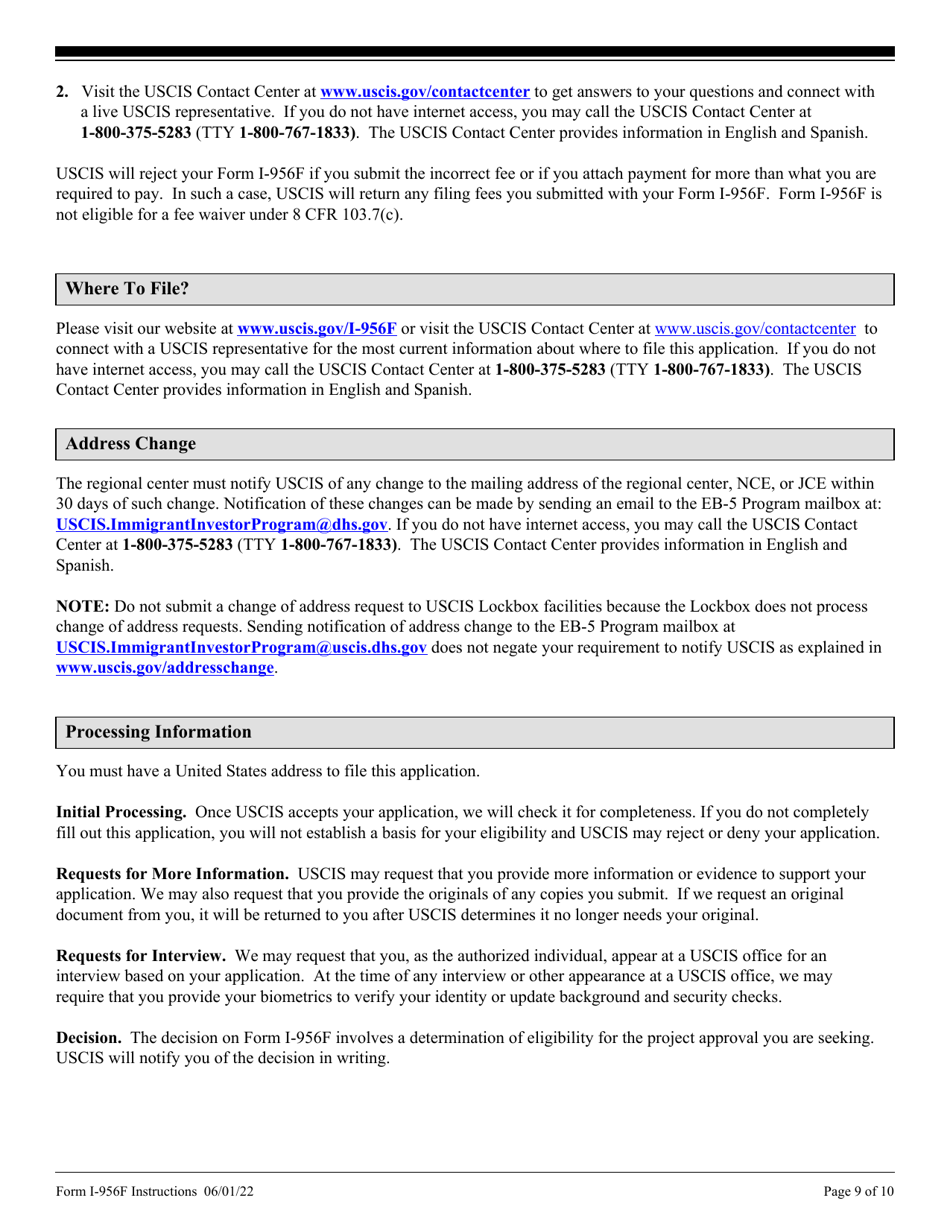 Instructions for USCIS Form I-956F Application for Approval of an Investment in a Commercial Enterprise, Page 9