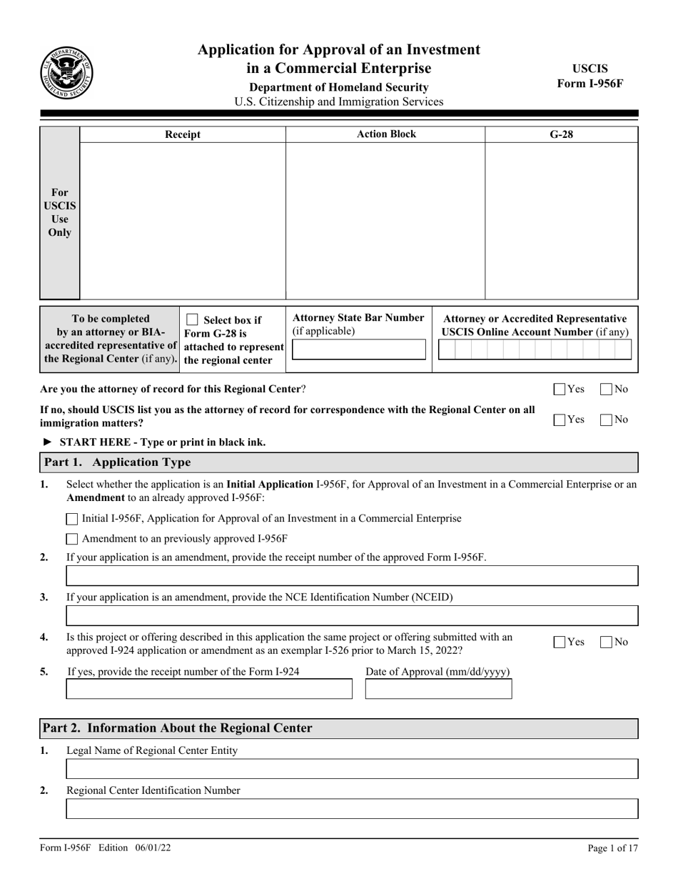 USCIS Form I-956F Application for Approval of an Investment in a Commercial Enterprise, Page 1