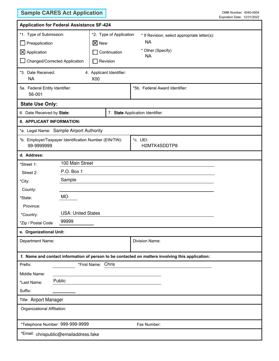 Sample Form SF-424 Application for Federal Assistance, Page 1