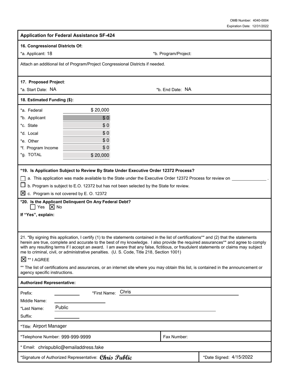 Sample Form SF424 Fill Out, Sign Online and Download Fillable PDF