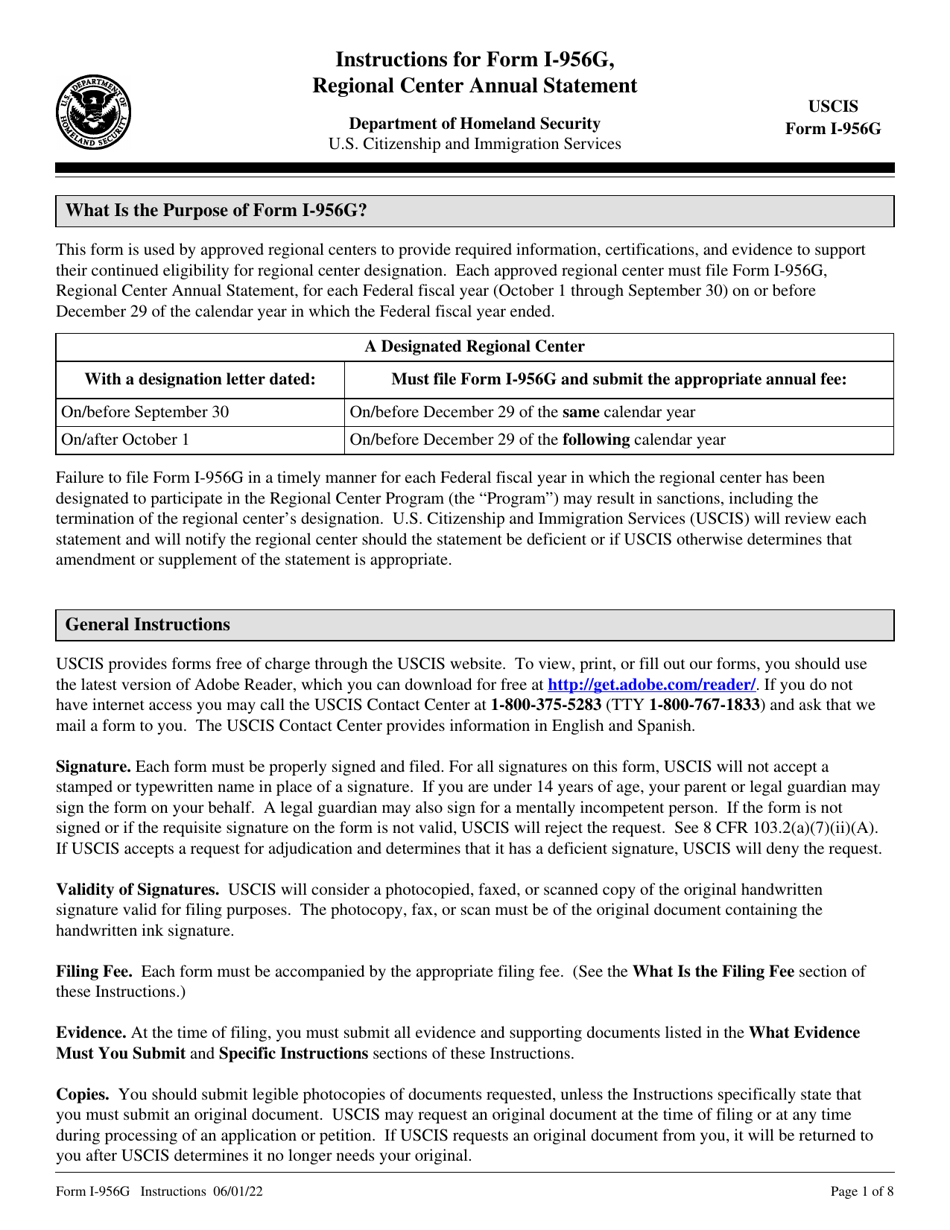 Instructions for USCIS Form I-956G Regional Center Annual Statement, Page 1