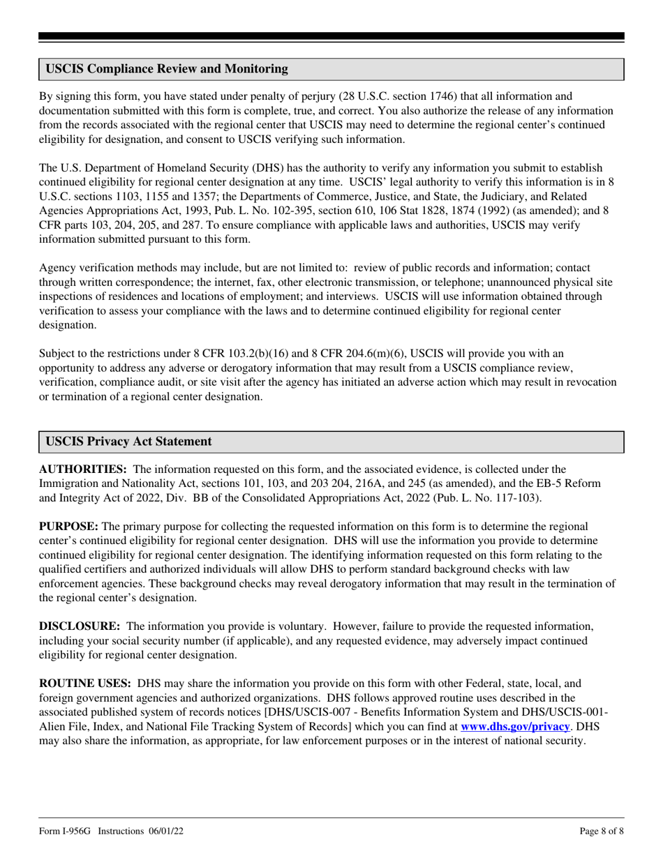 Instructions for USCIS Form I-956G Regional Center Annual Statement, Page 8