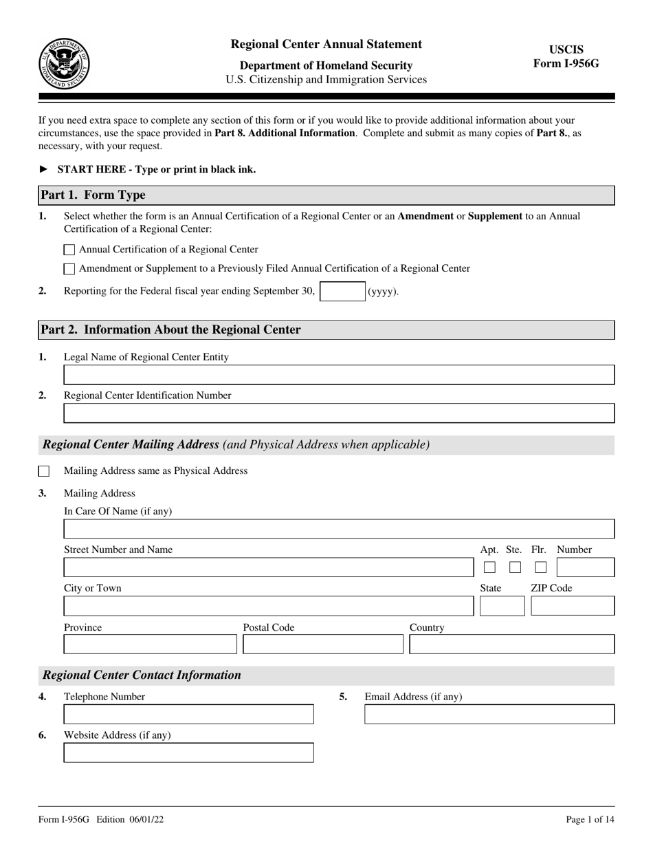 USCIS Form I-956G Regional Center Annual Statement, Page 1