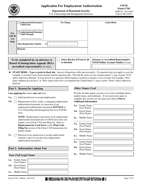 USCIS Form I-765  Printable Pdf