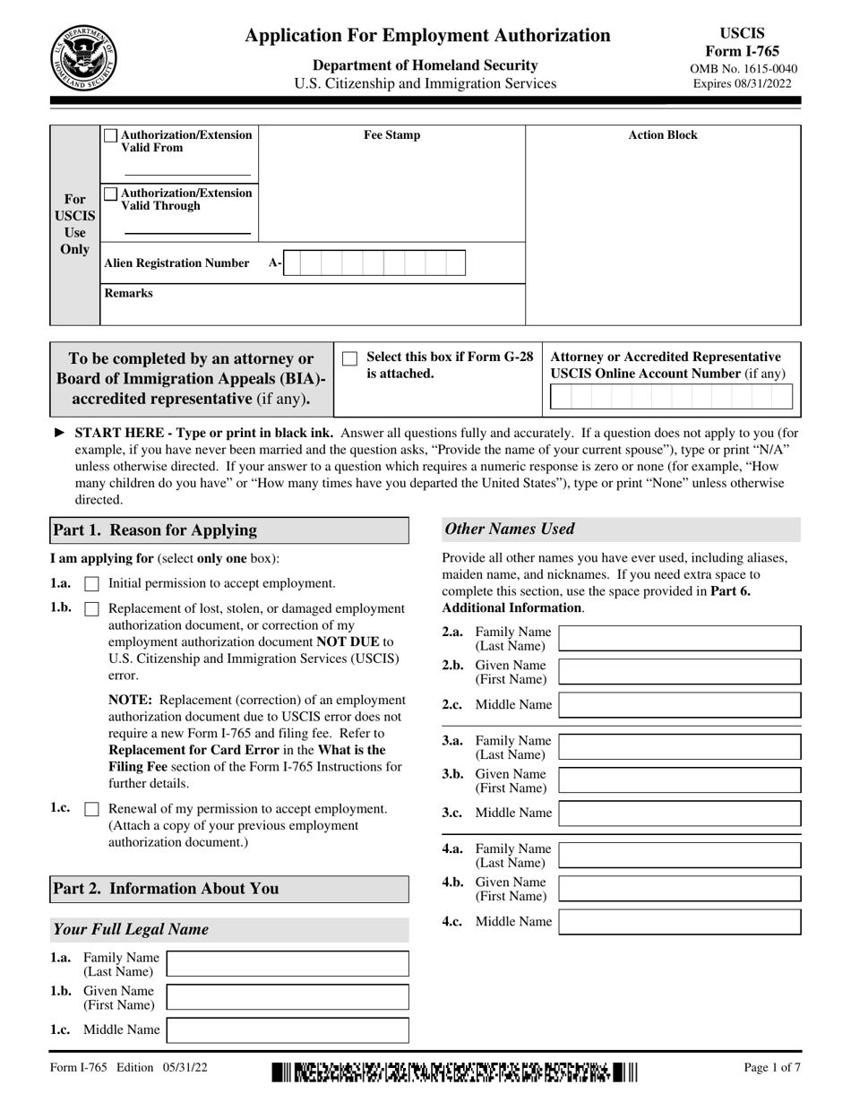 USCIS Form I765 Fill Out, Sign Online and Download Fillable PDF