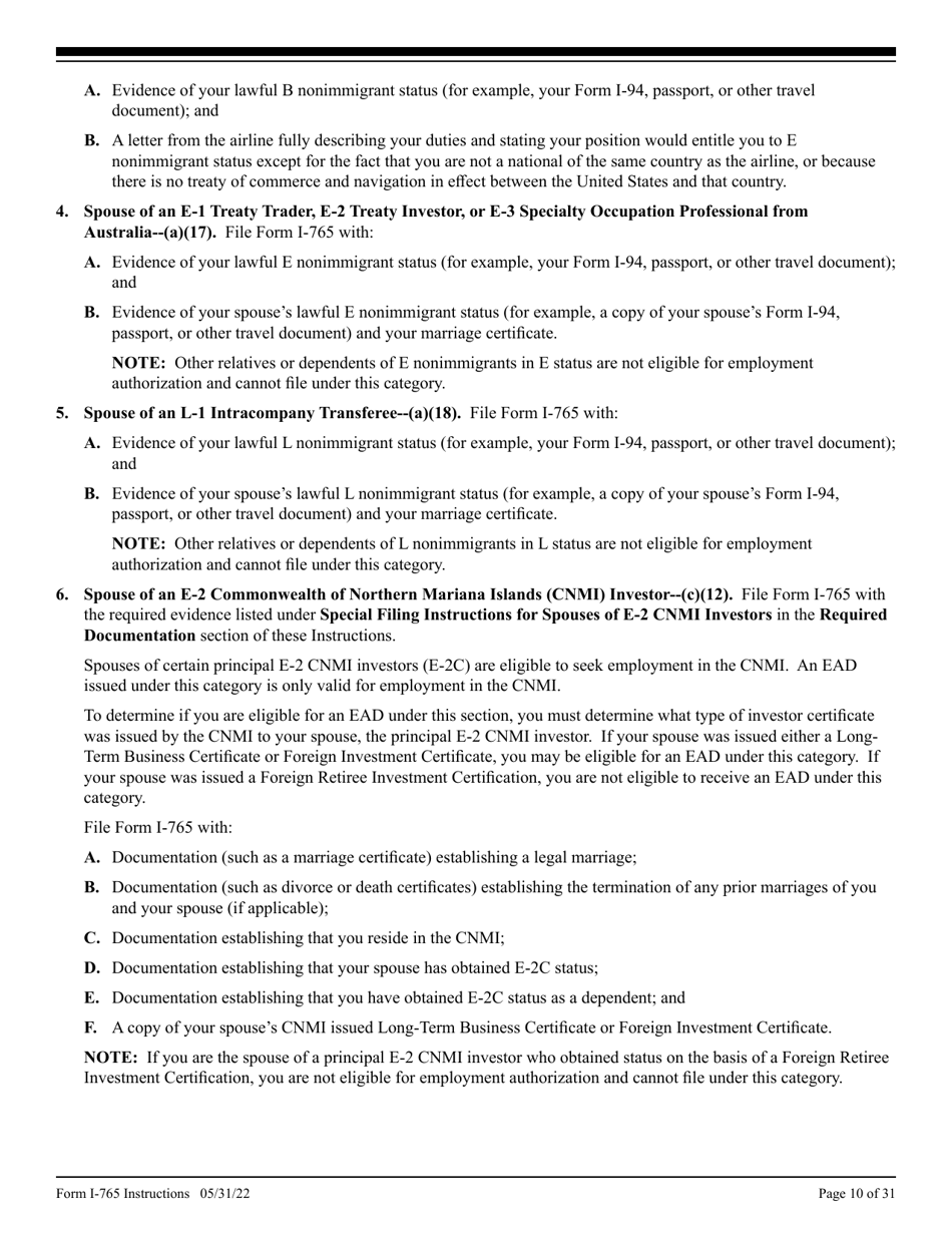 Instructions for USCIS Form I-765 Application for Employment Authorization, Page 10