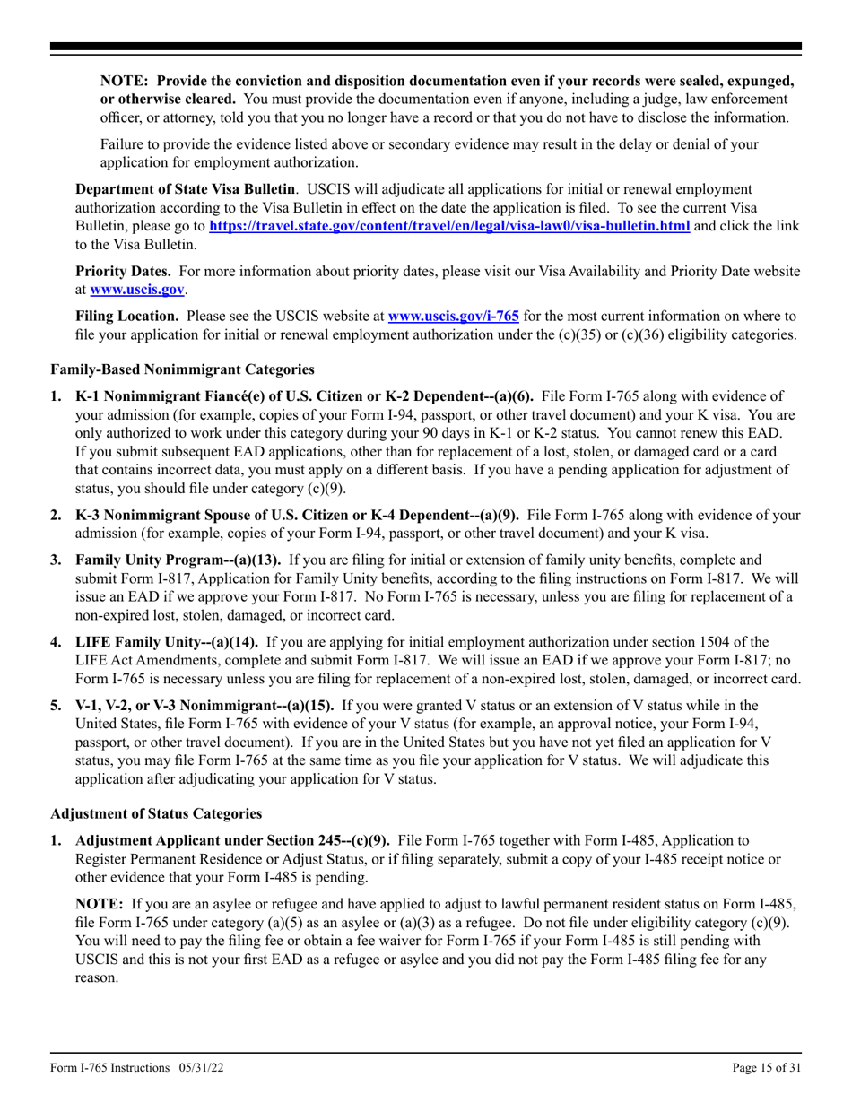 Instructions for USCIS Form I-765 Application for Employment Authorization, Page 15
