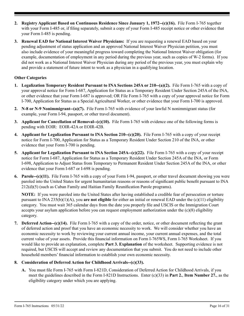 Instructions for USCIS Form I-765 Application for Employment Authorization, Page 16