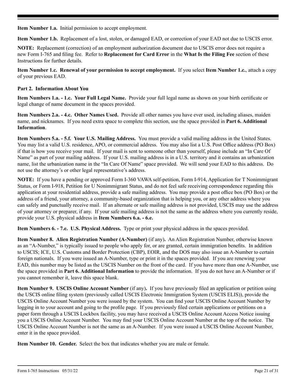 Instructions for USCIS Form I-765 Application for Employment Authorization, Page 21