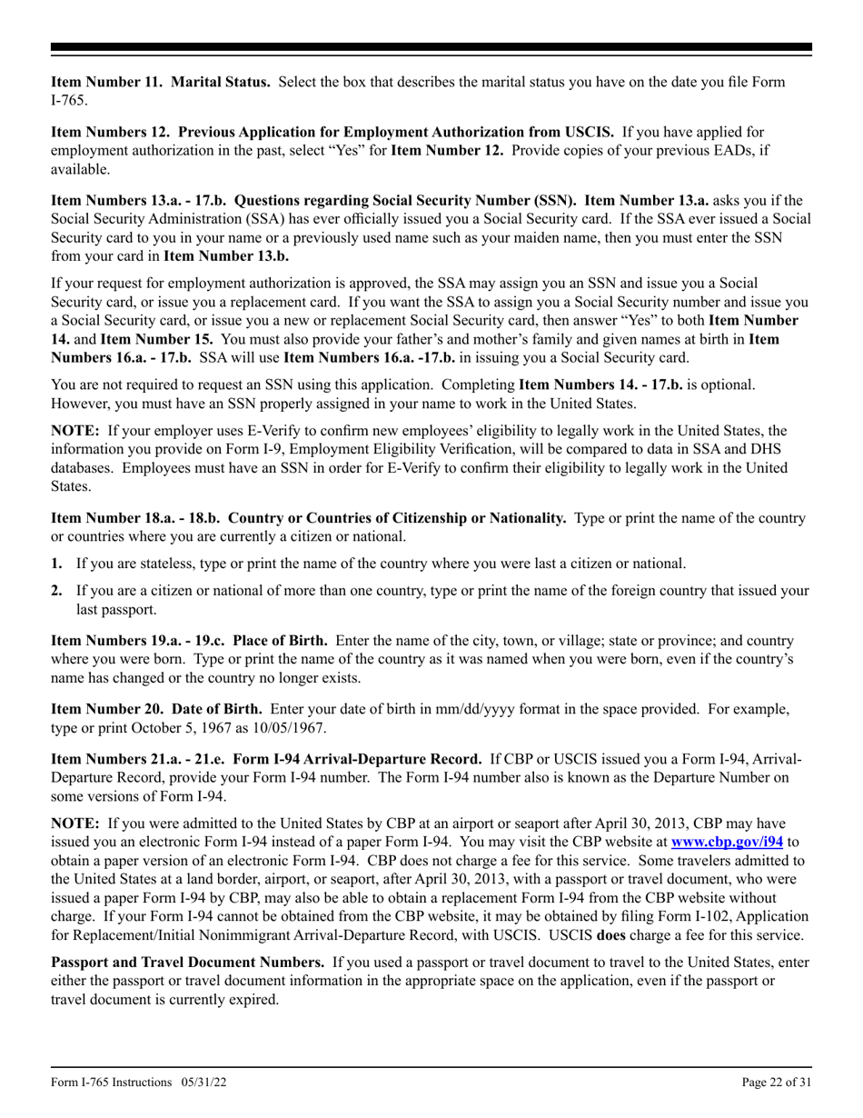 Instructions for USCIS Form I-765 Application for Employment Authorization, Page 22