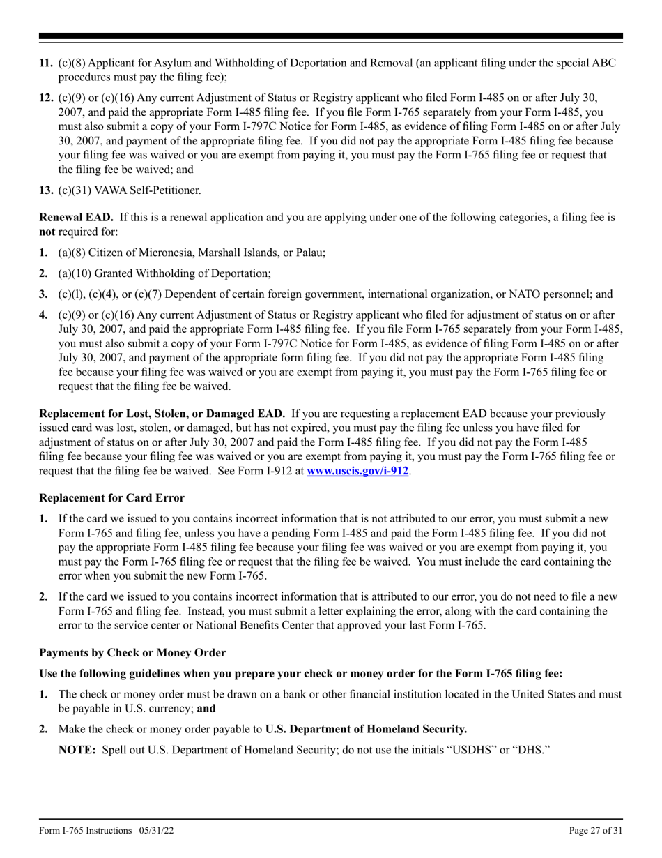 Instructions for USCIS Form I-765 Application for Employment Authorization, Page 27
