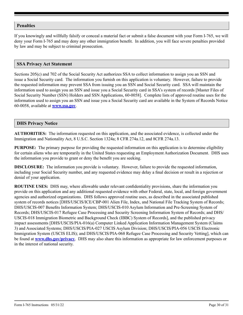 Instructions for USCIS Form I-765 Application for Employment Authorization, Page 30