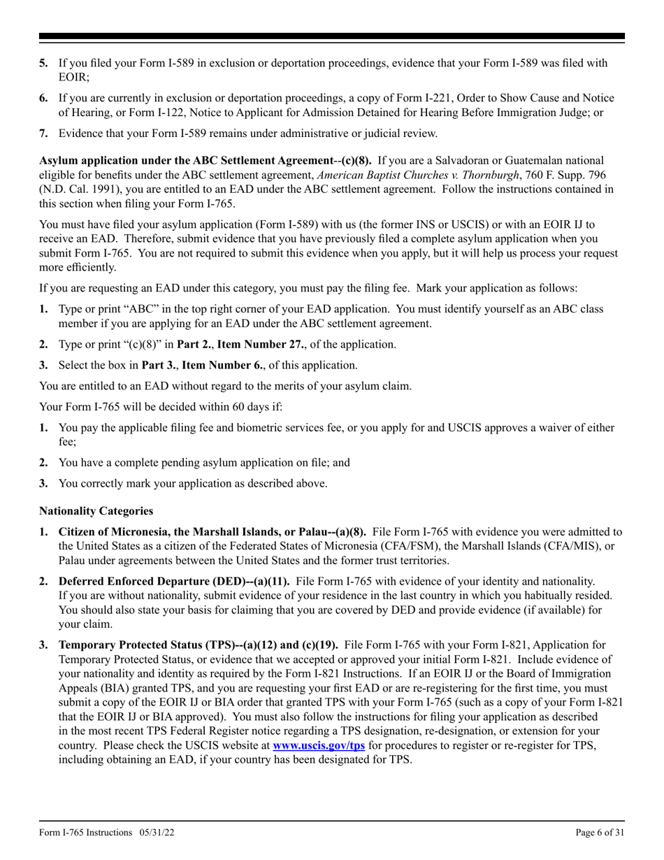 Instructions for USCIS Form I-765 Application for Employment Authorization, Page 6