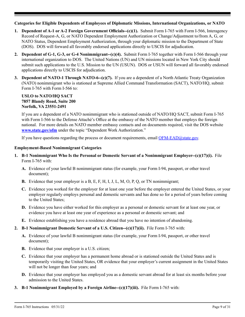 Instructions for USCIS Form I-765 Application for Employment Authorization, Page 9