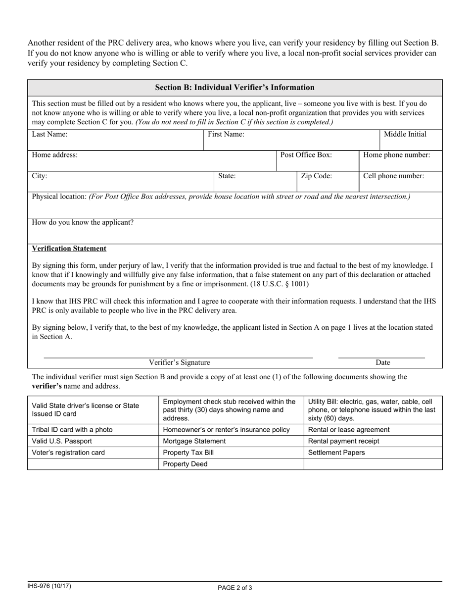 Form IHS-976 Purchased / Referred Care Proof of Residency, Page 2