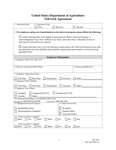 Form AD3018 United States Department of Agriculture Telework Agreement