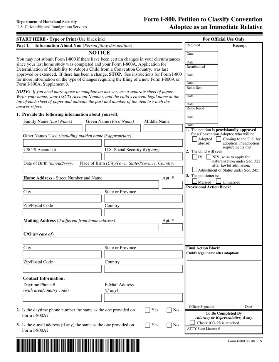 USCIS Form I-800 Petition to Classify Convention Adoptee as an Immediate Relative, Page 1