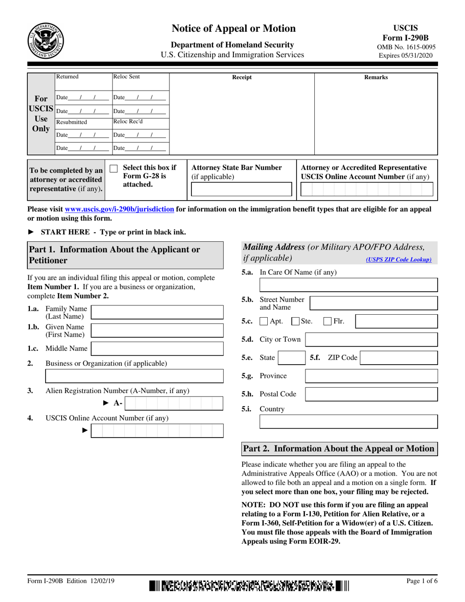 USCIS Form I-290B Notice of Appeal or Motion, Page 1