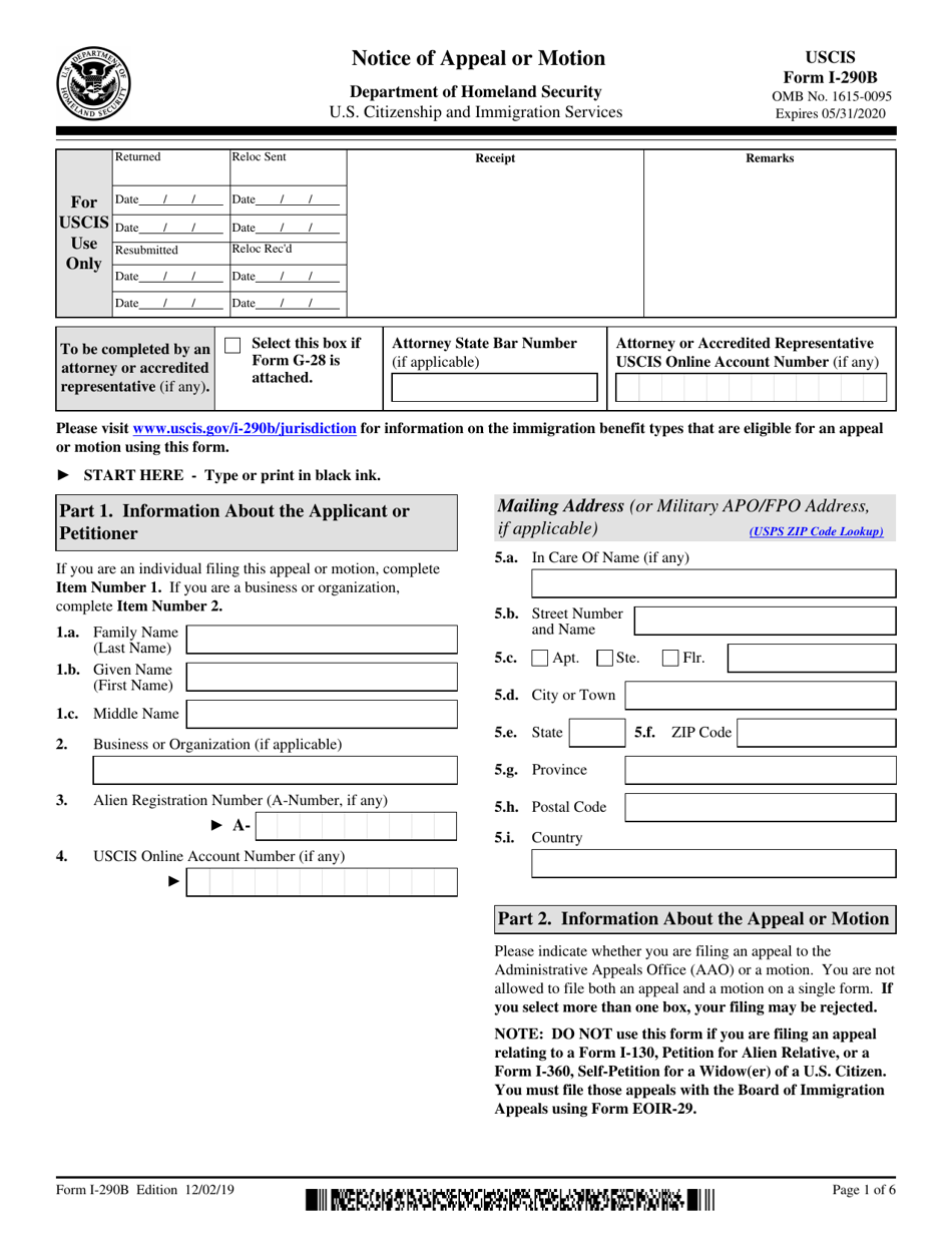 USCIS Form I-290B Download Fillable PDF Or Fill Online Notice Of Appeal ...