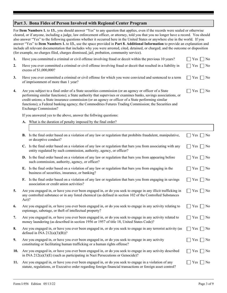 USCIS Form I-956H Bona Fides of Persons Involved With Regional Center Program, Page 3