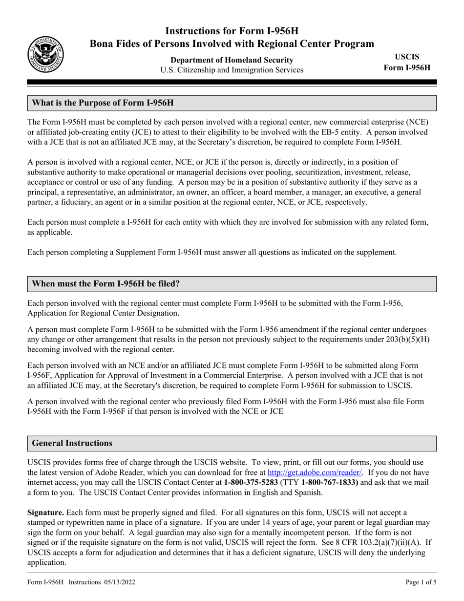 Instructions for USCIS Form I-956H Bona Fides of Persons Involved With Regional Center Program, Page 1