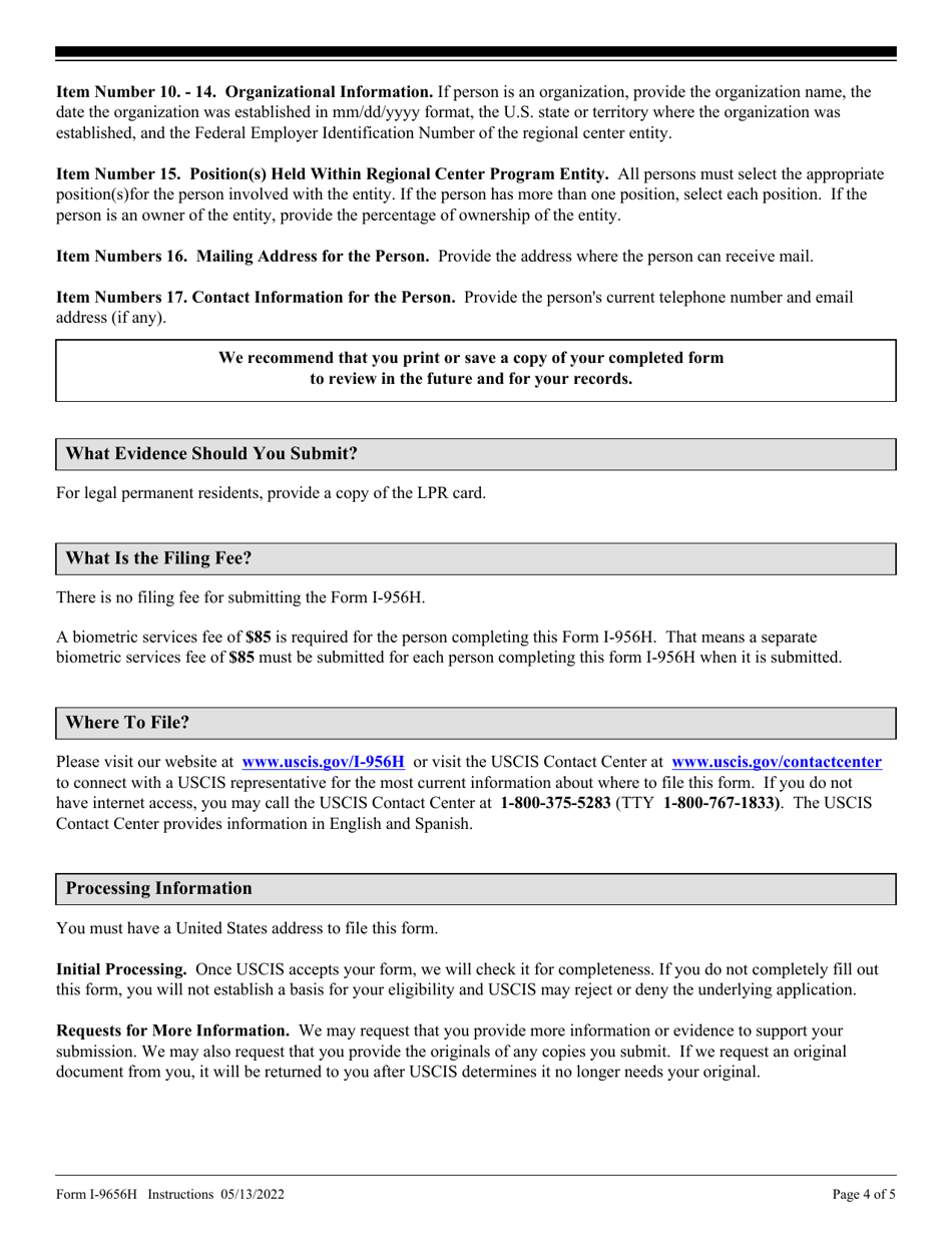 Instructions for USCIS Form I-956H Bona Fides of Persons Involved With Regional Center Program, Page 4