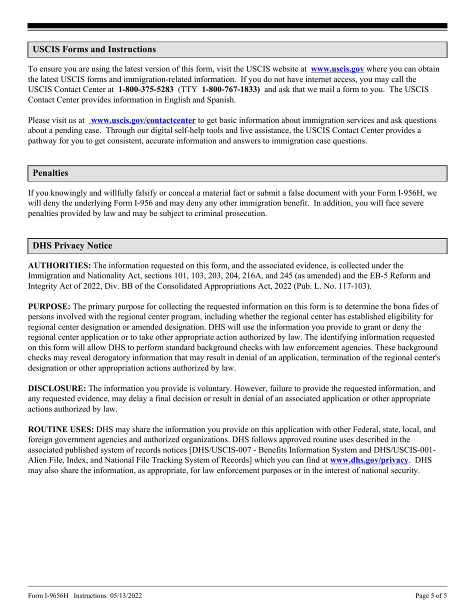 Instructions for USCIS Form I-956H Bona Fides of Persons Involved With Regional Center Program, Page 5