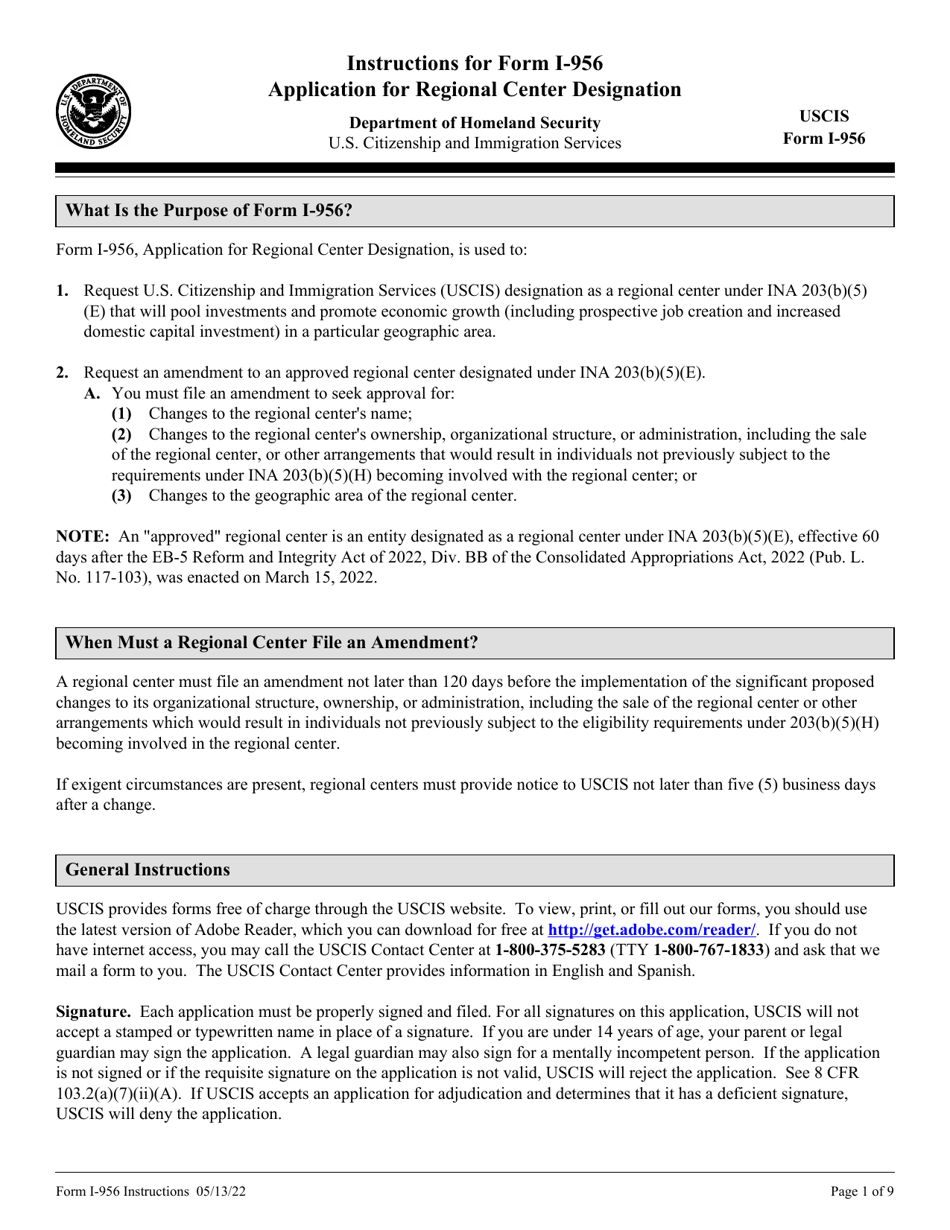 Instructions for USCIS Form I-956 Application for Regional Center Designation, Page 1